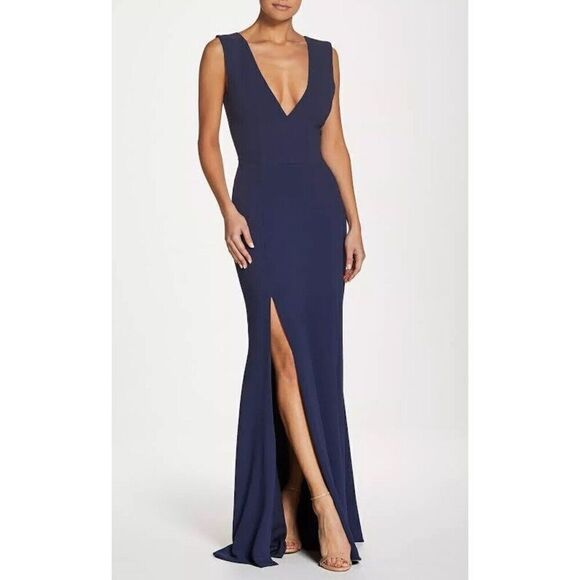 DRESS THE POPULATION Sandra Trumpet Gown Dress Large Midnight Blue Crepe. 15 - Picture 1 of 11